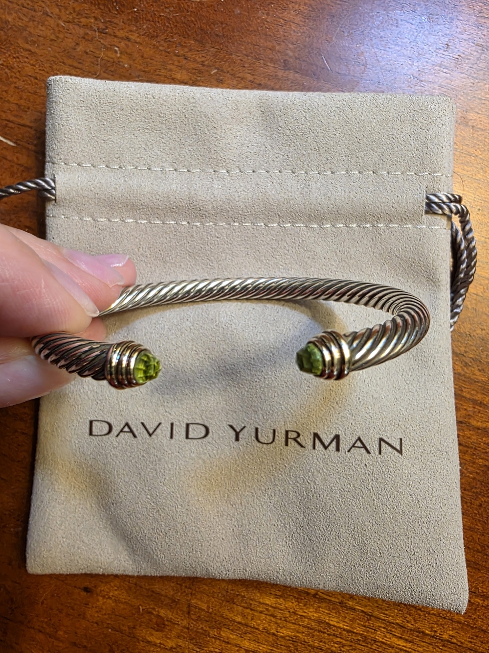 David Yurman Sterling Silver  Cable Bracelet with Gold And Peridot Tips - Green